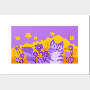 Smiling Purple Cat in Flowers Posters and Art